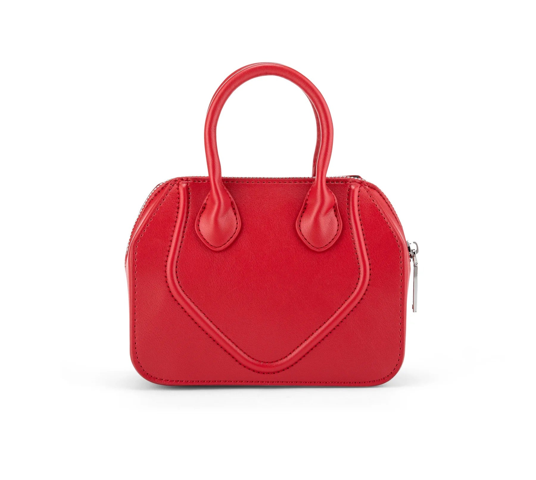 Red handbag with a heart-shaped design on a white background