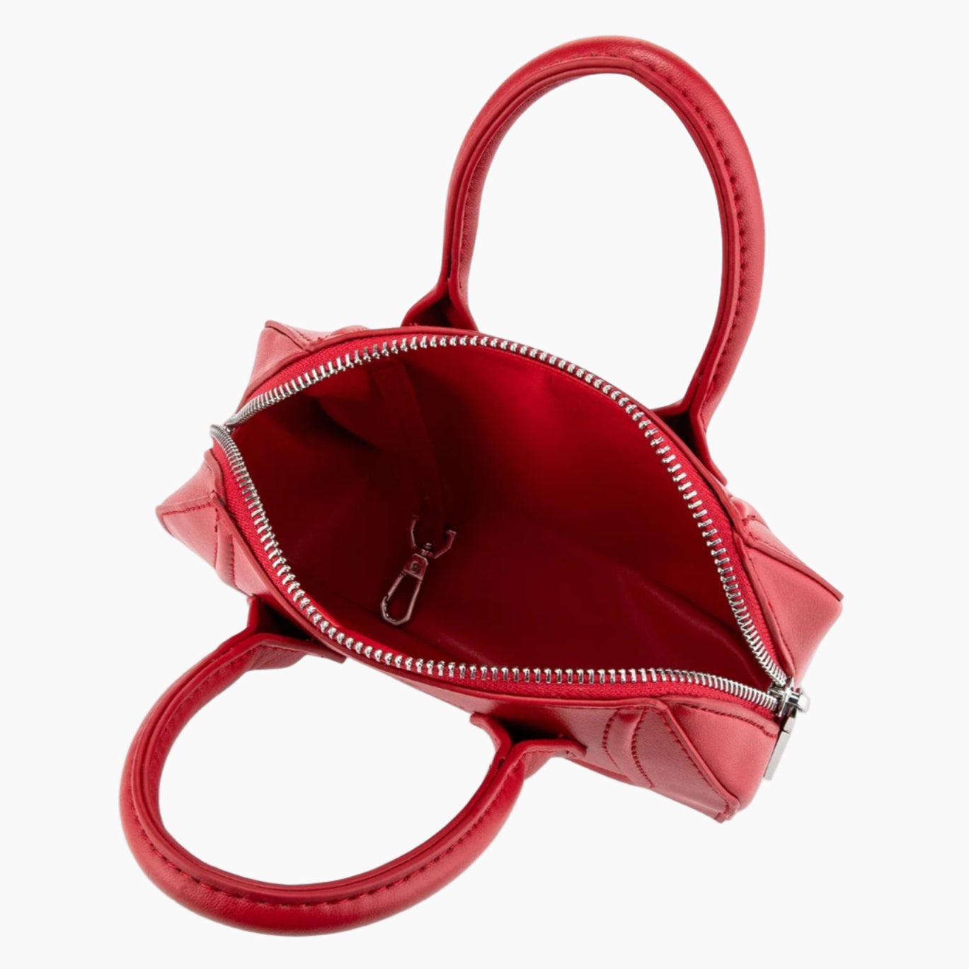 Red handbag with a zipper on a white background