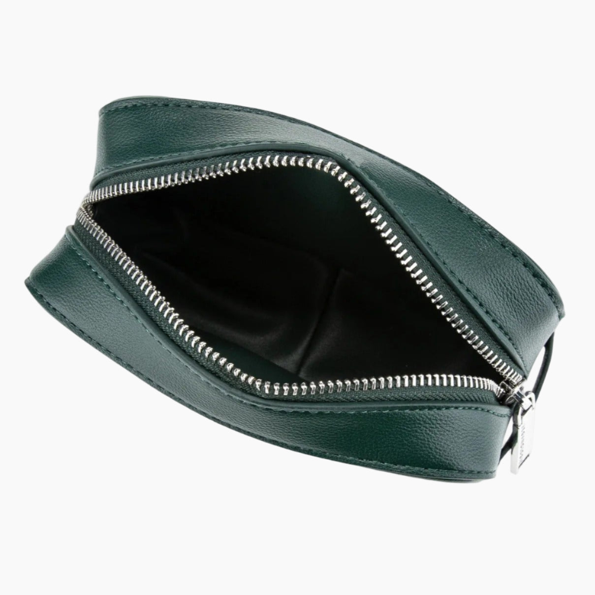 Green leather pouch with a zipper on a white background