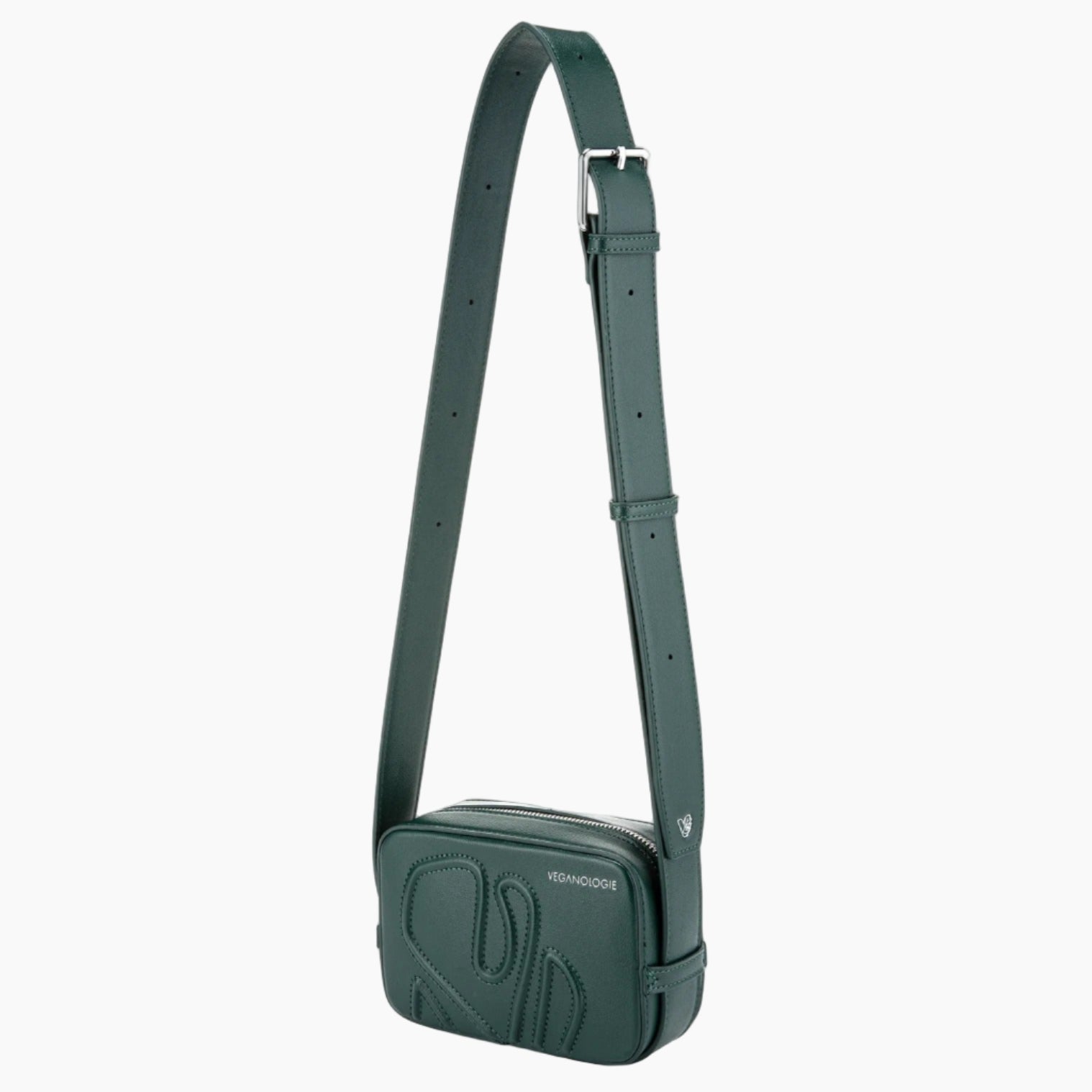 Green crossbody bag with a strap on a white background