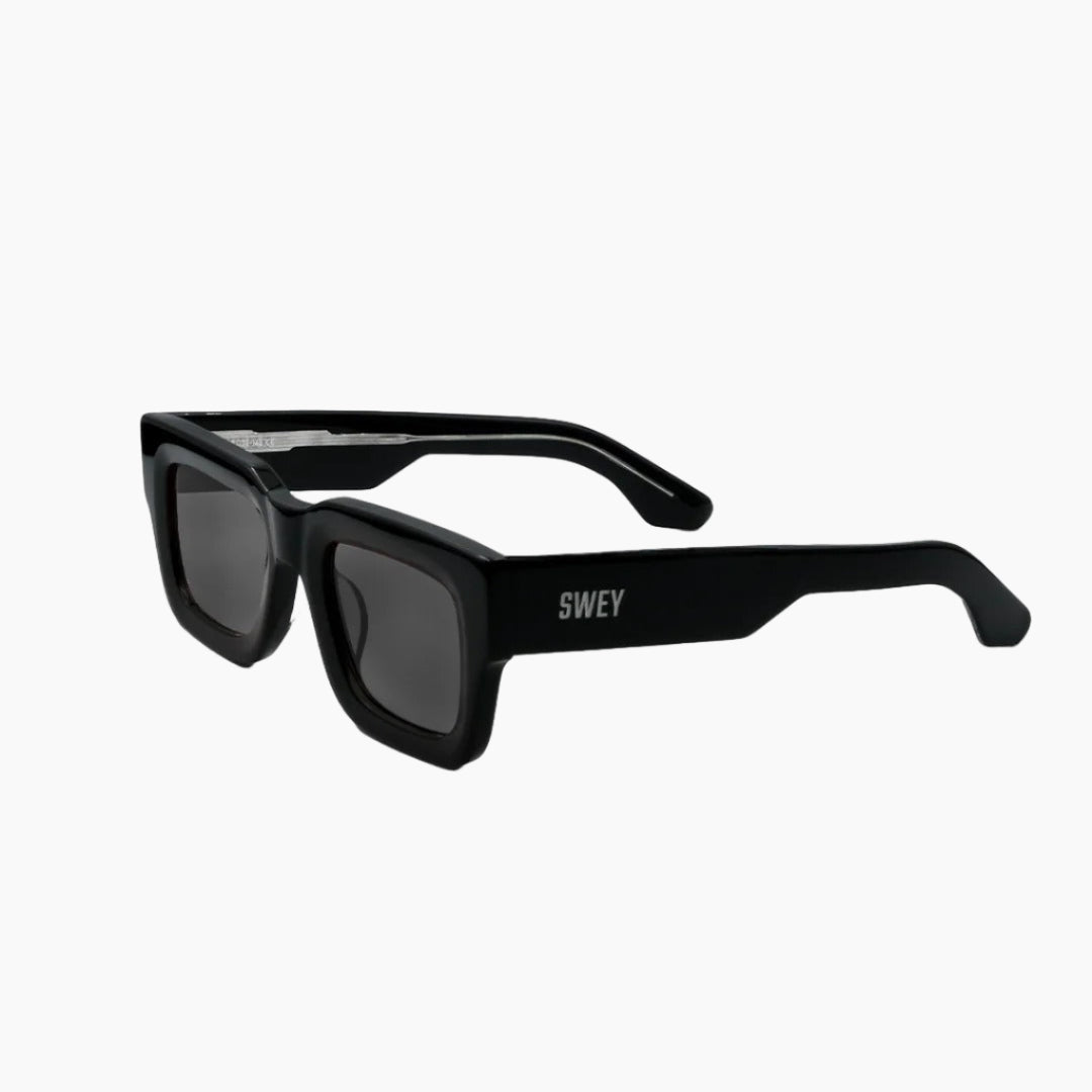 Black sunglasses with 'SWEY' branding on a white background