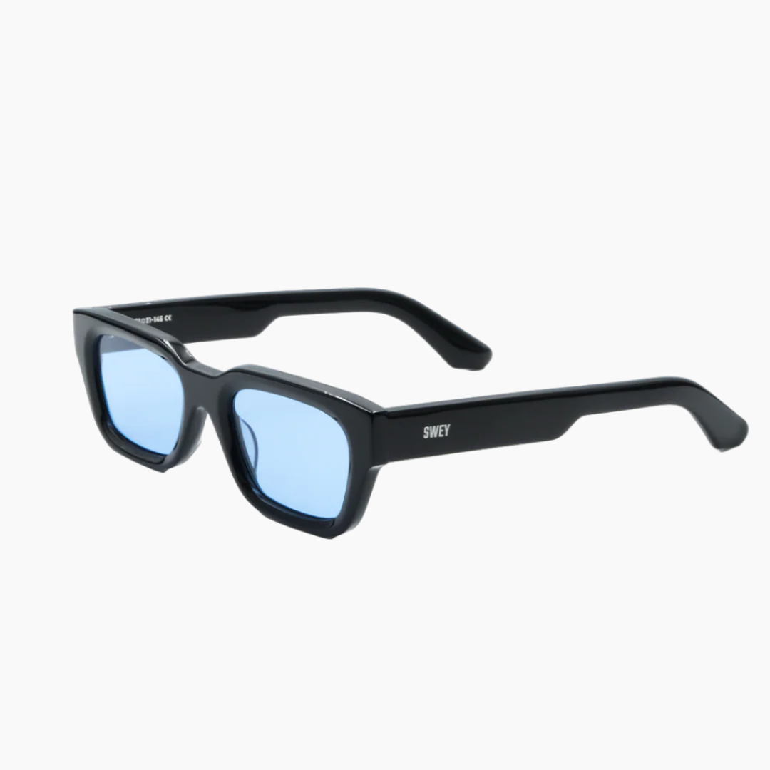 Black sunglasses with blue lenses on a white background