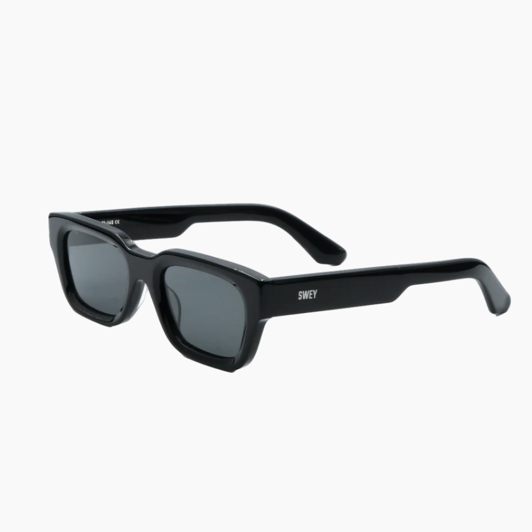 Black sunglasses with 'SWEY' branding on a white background