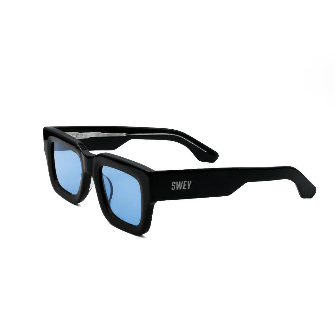 Black sunglasses with blue lenses on a white background
