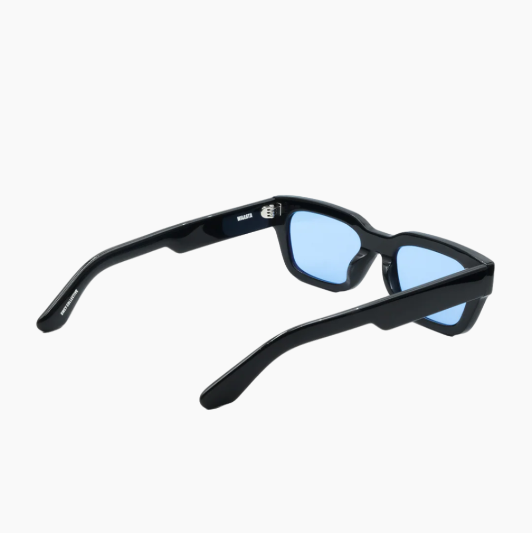 Black sunglasses with blue lenses on a white background