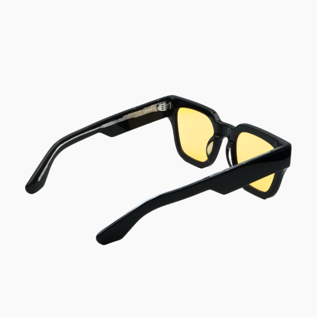 Black-framed sunglasses with yellow lenses on a white background