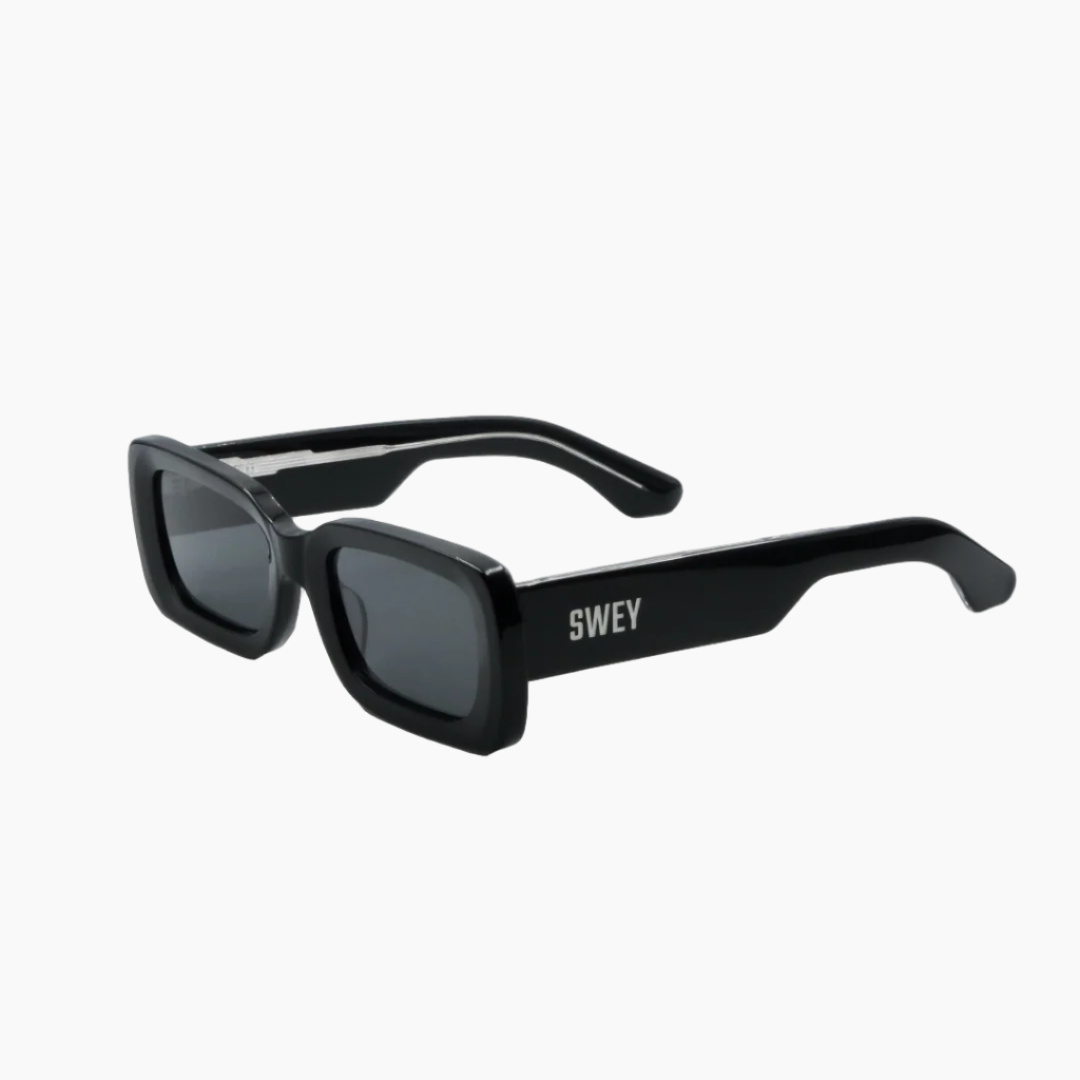 Black sunglasses with 'SWEY' branding on a white background