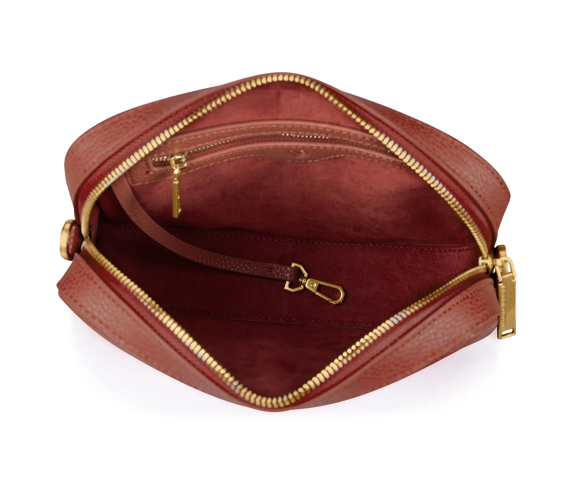 burgundy leather pouch with gold zipper on a white background