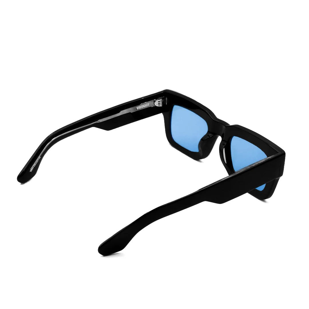 Black sunglasses with blue lenses on a white background