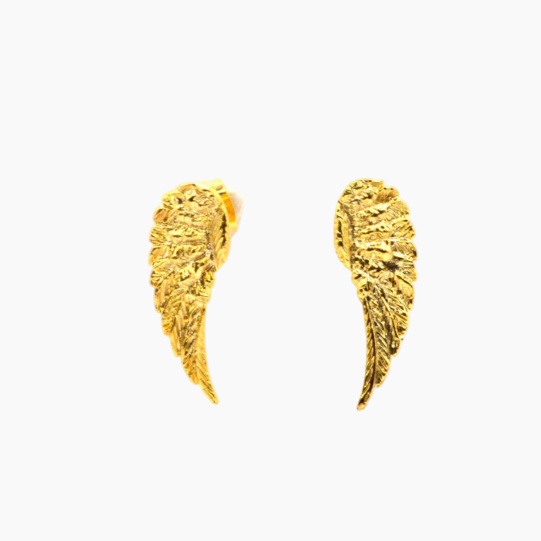 Gold angel wing earrings on a white background