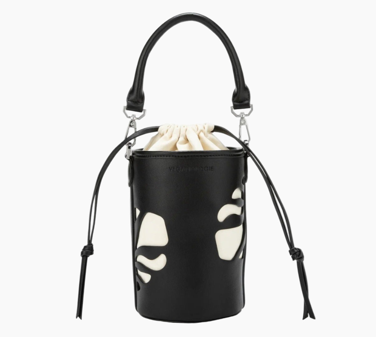 Black bucket bag with white paw print design on a white background