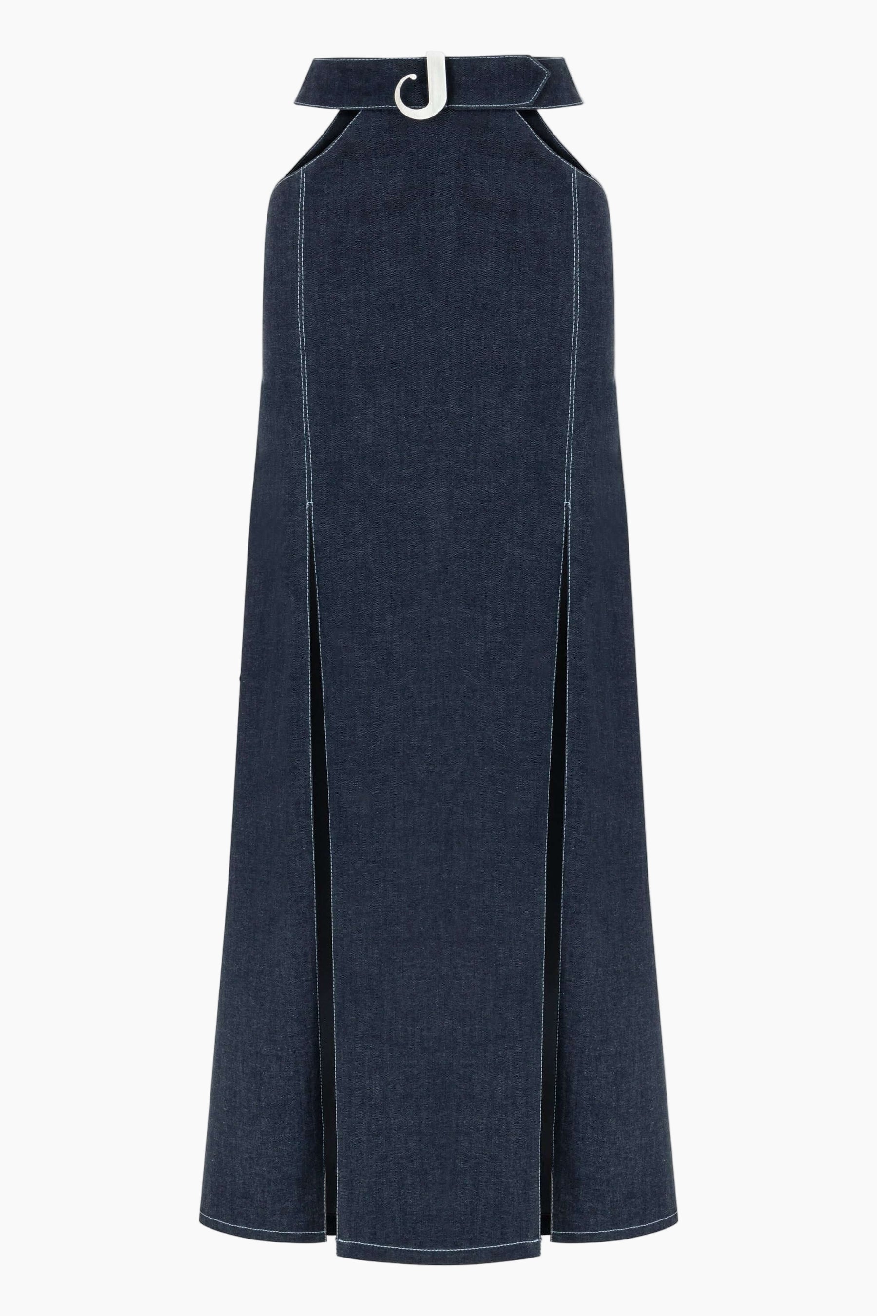 denim maxi skirt, Lycra denim, features cut outs under the belt and a side slit.