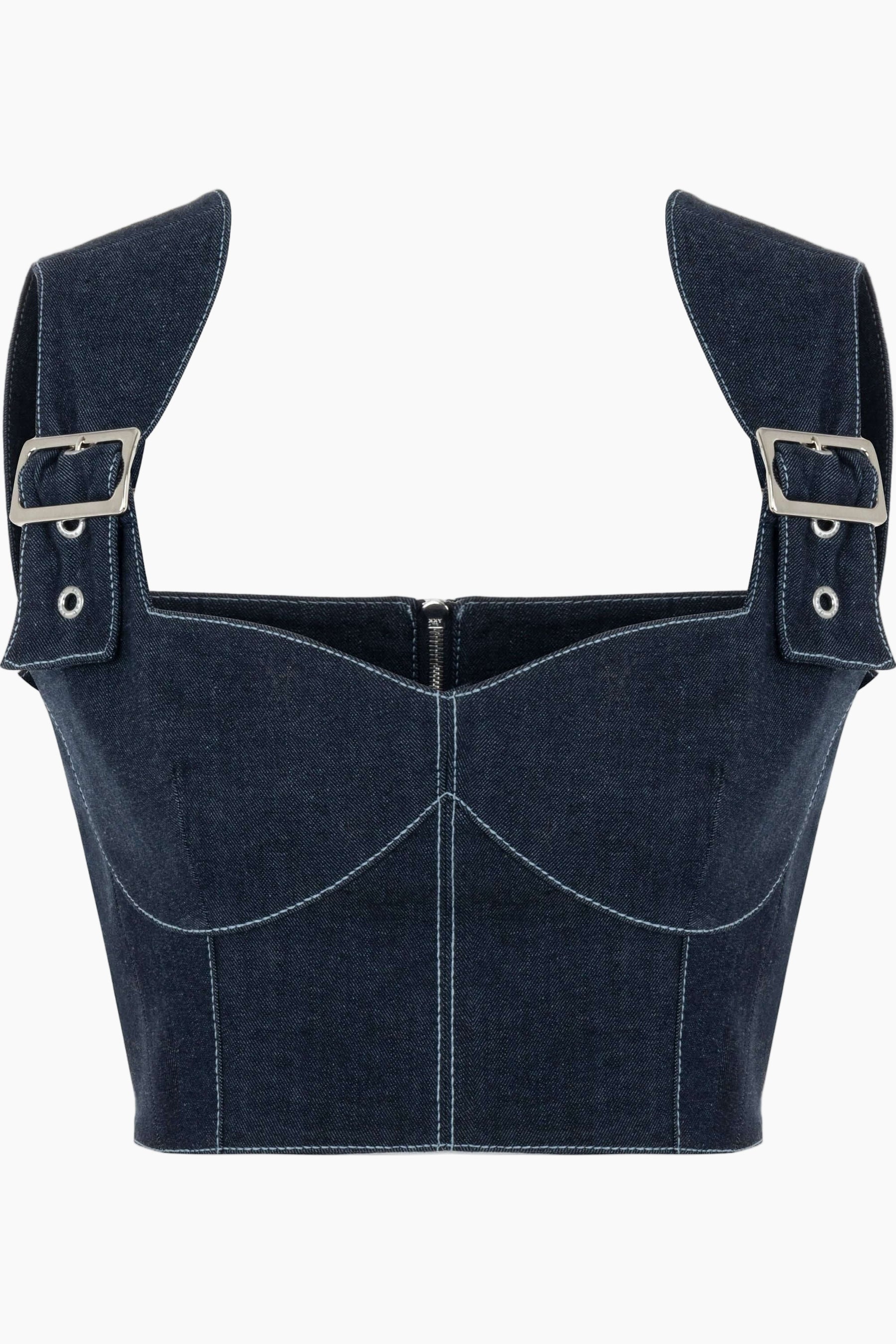 crop top crafted from denim, this top feature chic belt-like straps, elegant bustier neckline and chic corset shape.