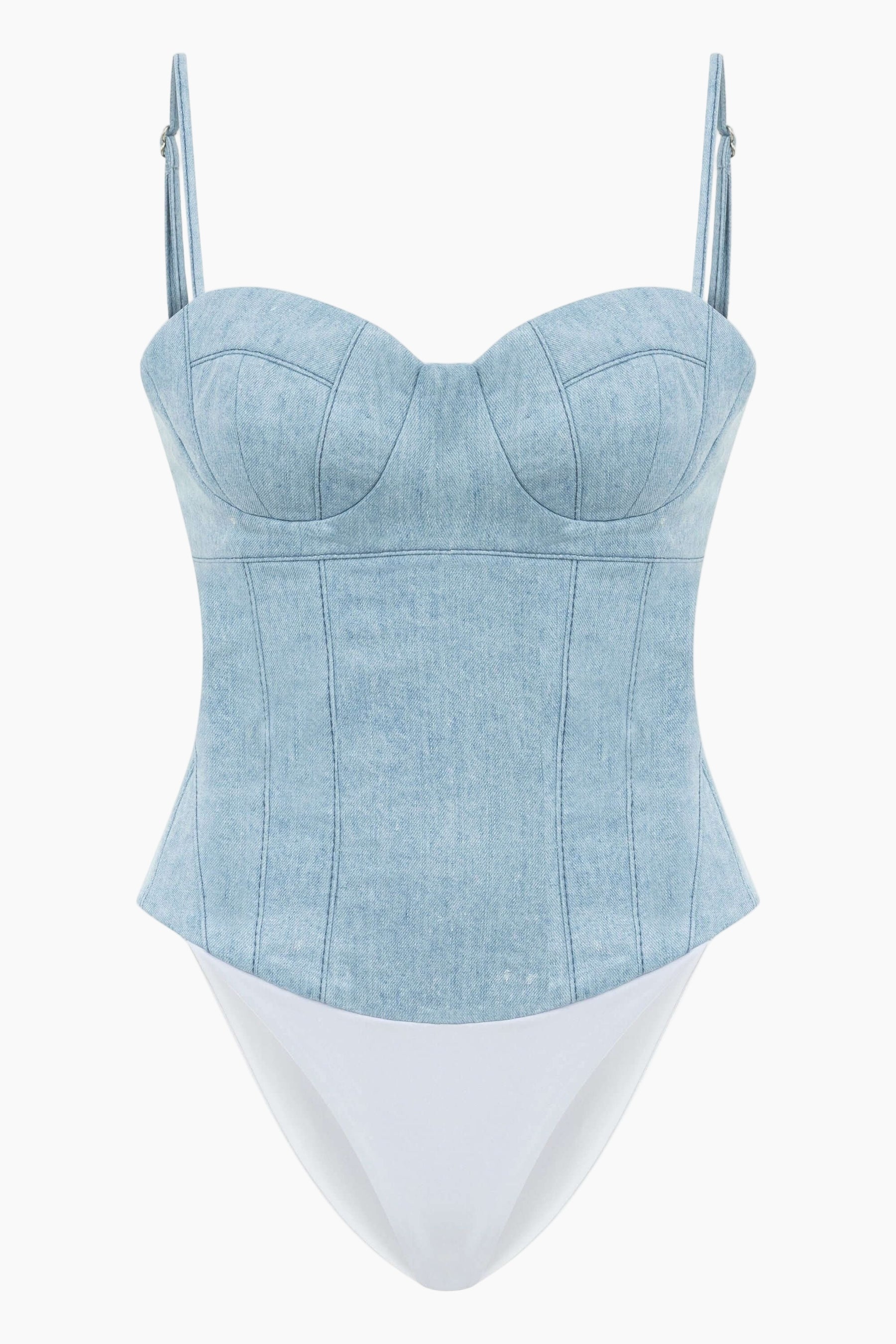 a nesta blue denim, this top feature sultry bustier neckline and chic corset shape