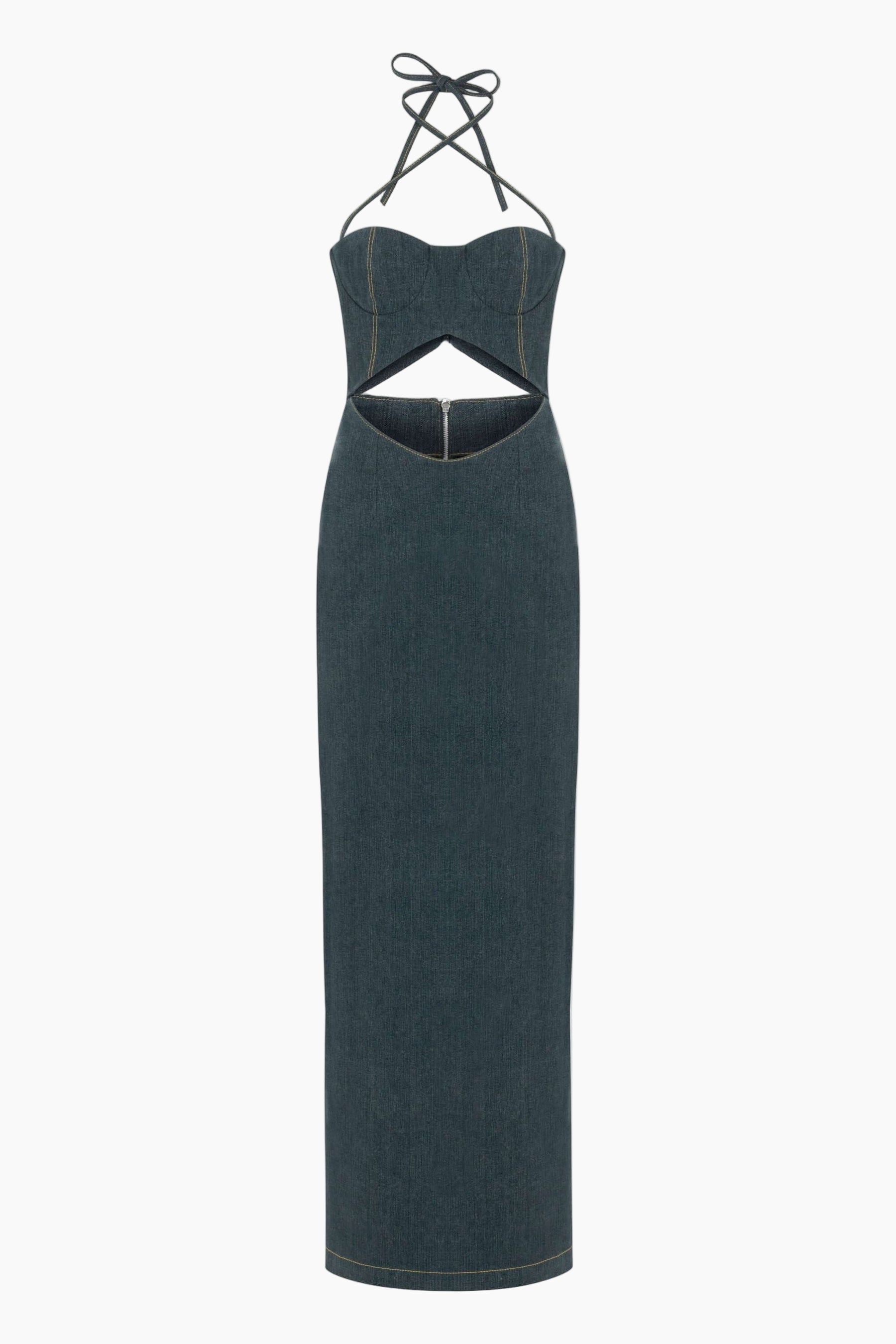 blue denim maxi dress with delicate cross strap neck, metallic zipper closure and slit detail that extends to the back.