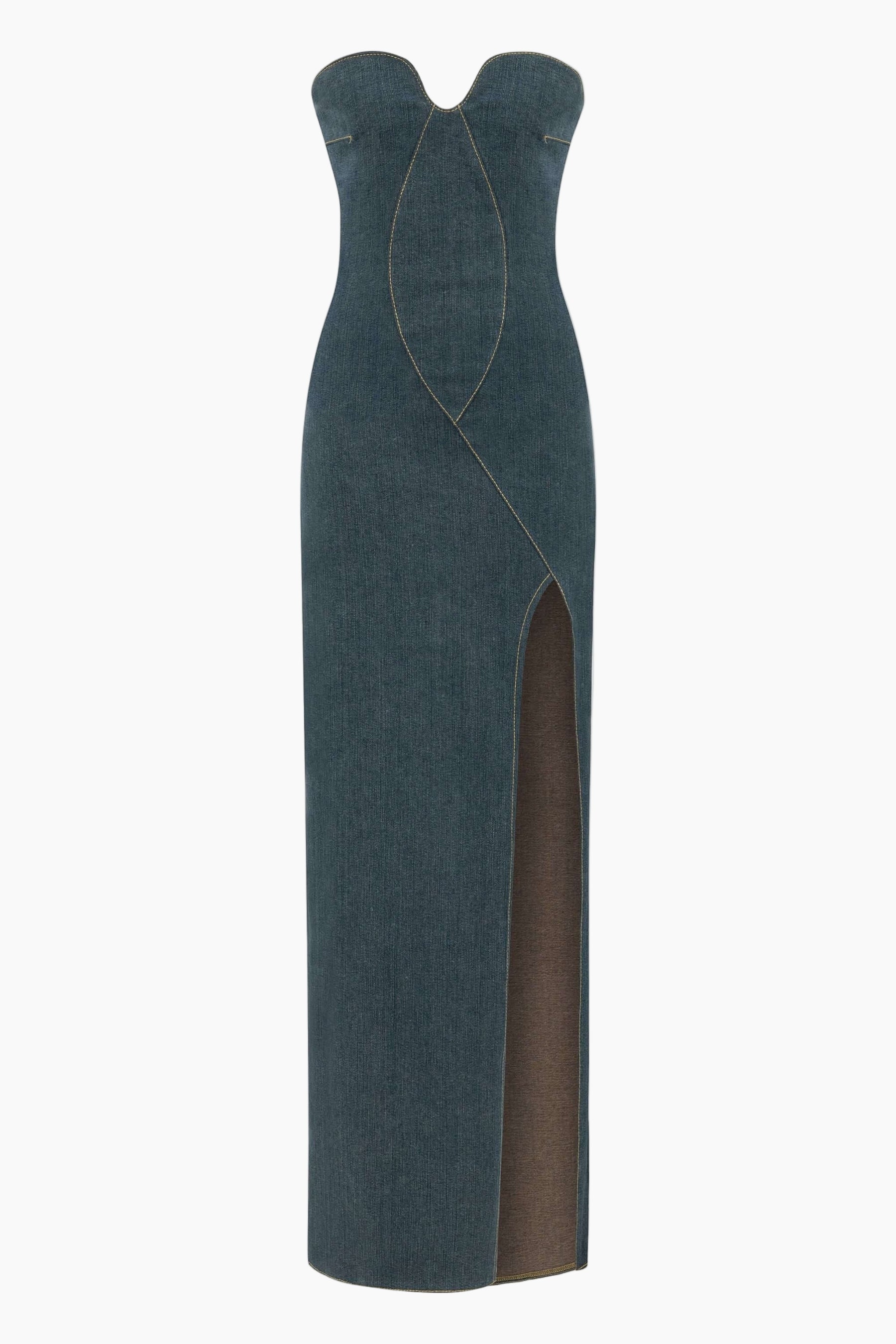 Blue strapless dress with a slit