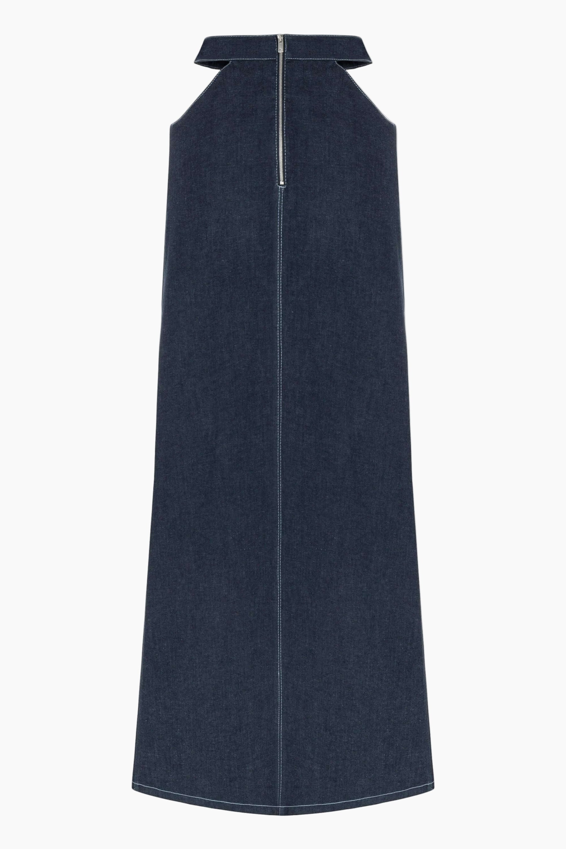 denim maxi skirt, Lycra denim, features cut outs under the belt and a side slit.