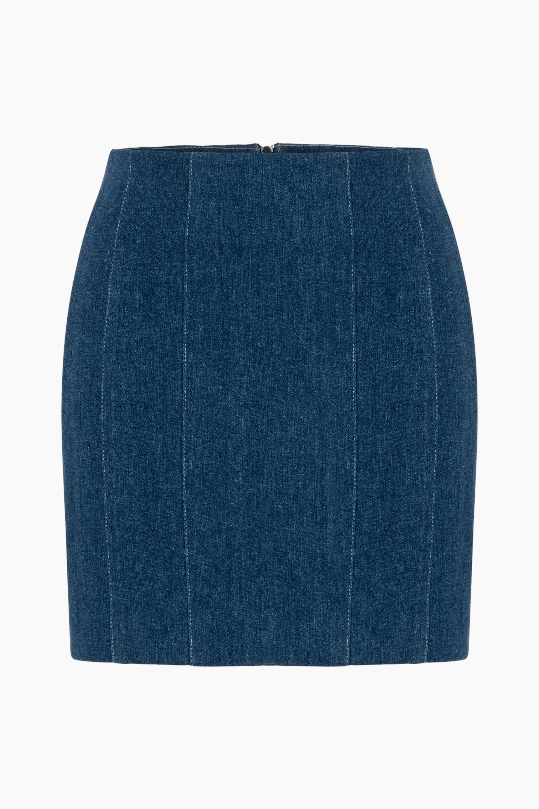 a mini denim skirt, Secured with a metallic zipper. Vertical patterns.