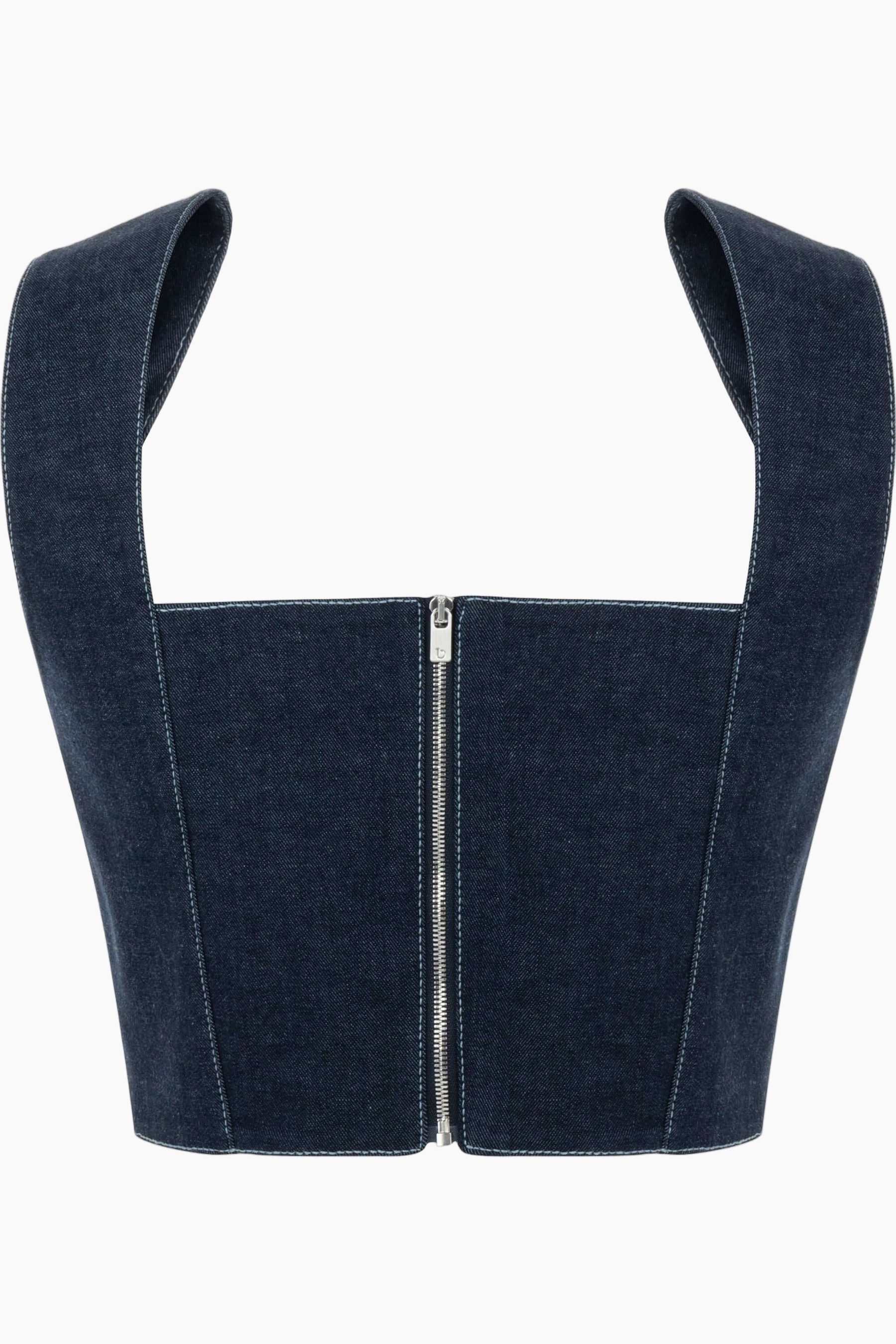 crop top crafted from denim, this top feature chic belt-like straps, elegant bustier neckline and chic corset shape.