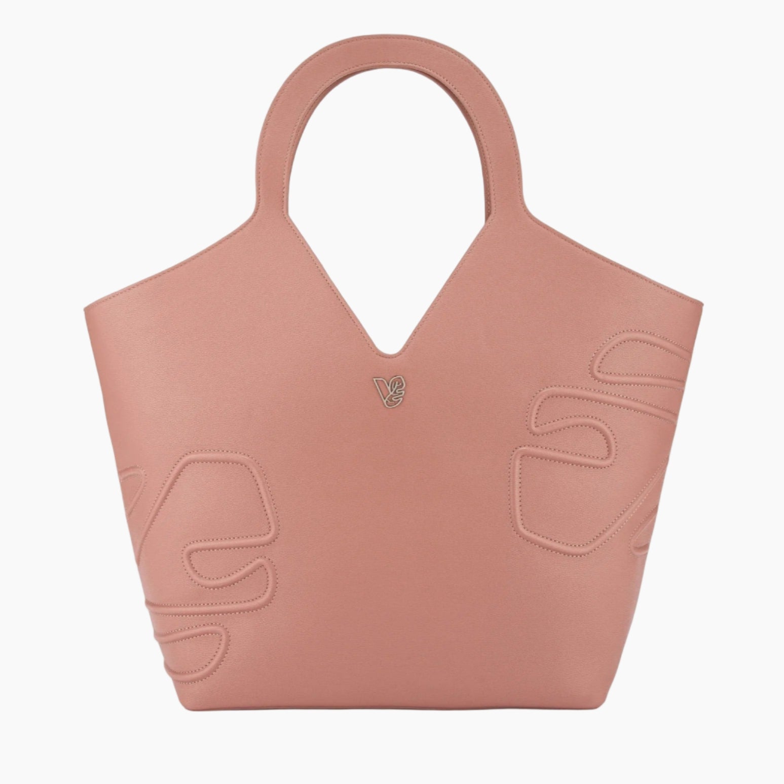 Pink tote bag with brand logo on a white background