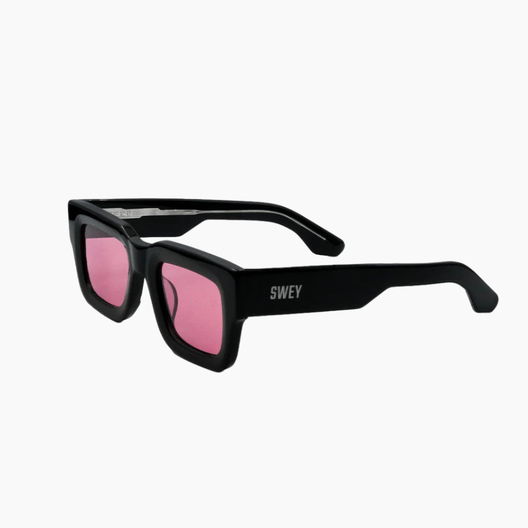 Black sunglasses with pink lenses on a white background