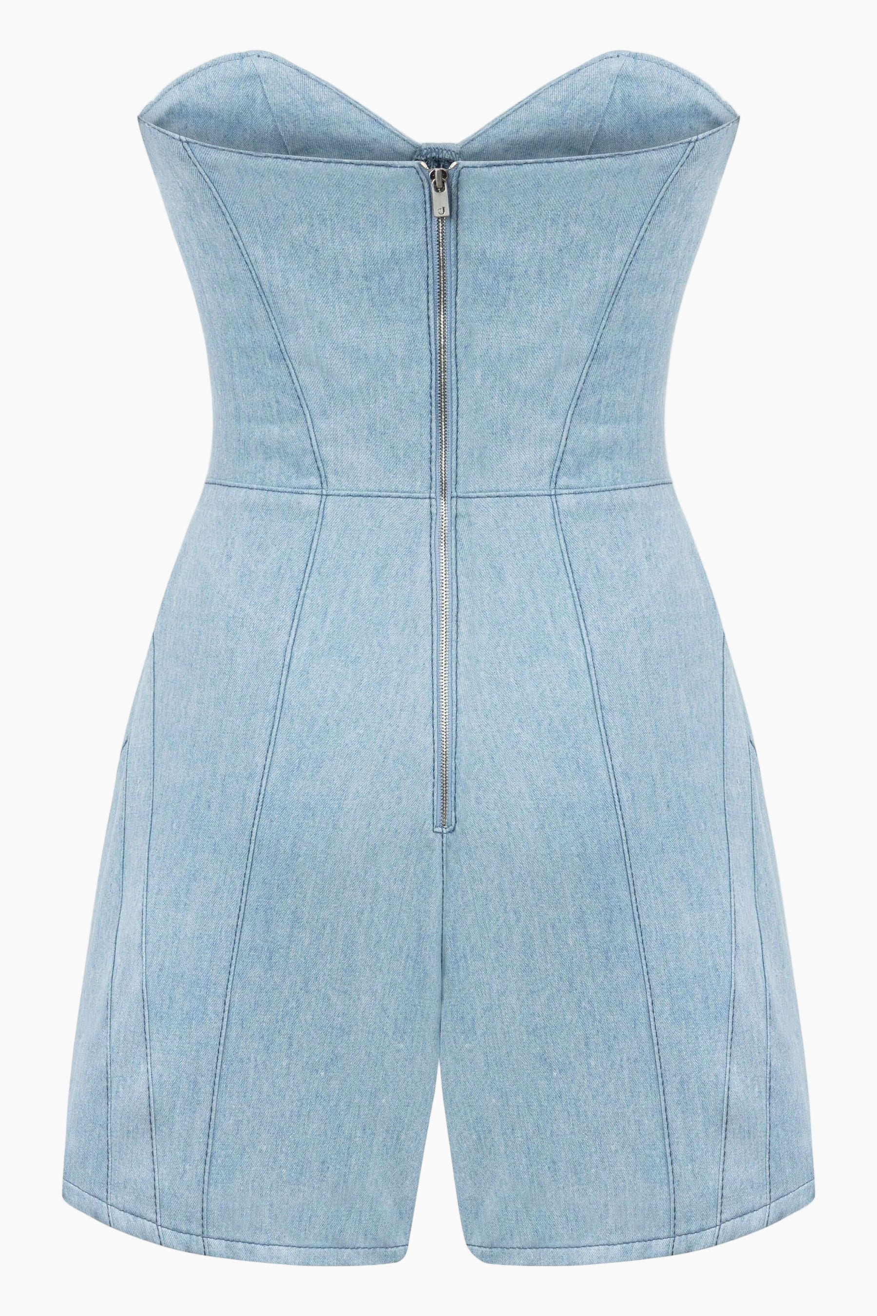 Light blue denim strapless romper with back fastening zipper
