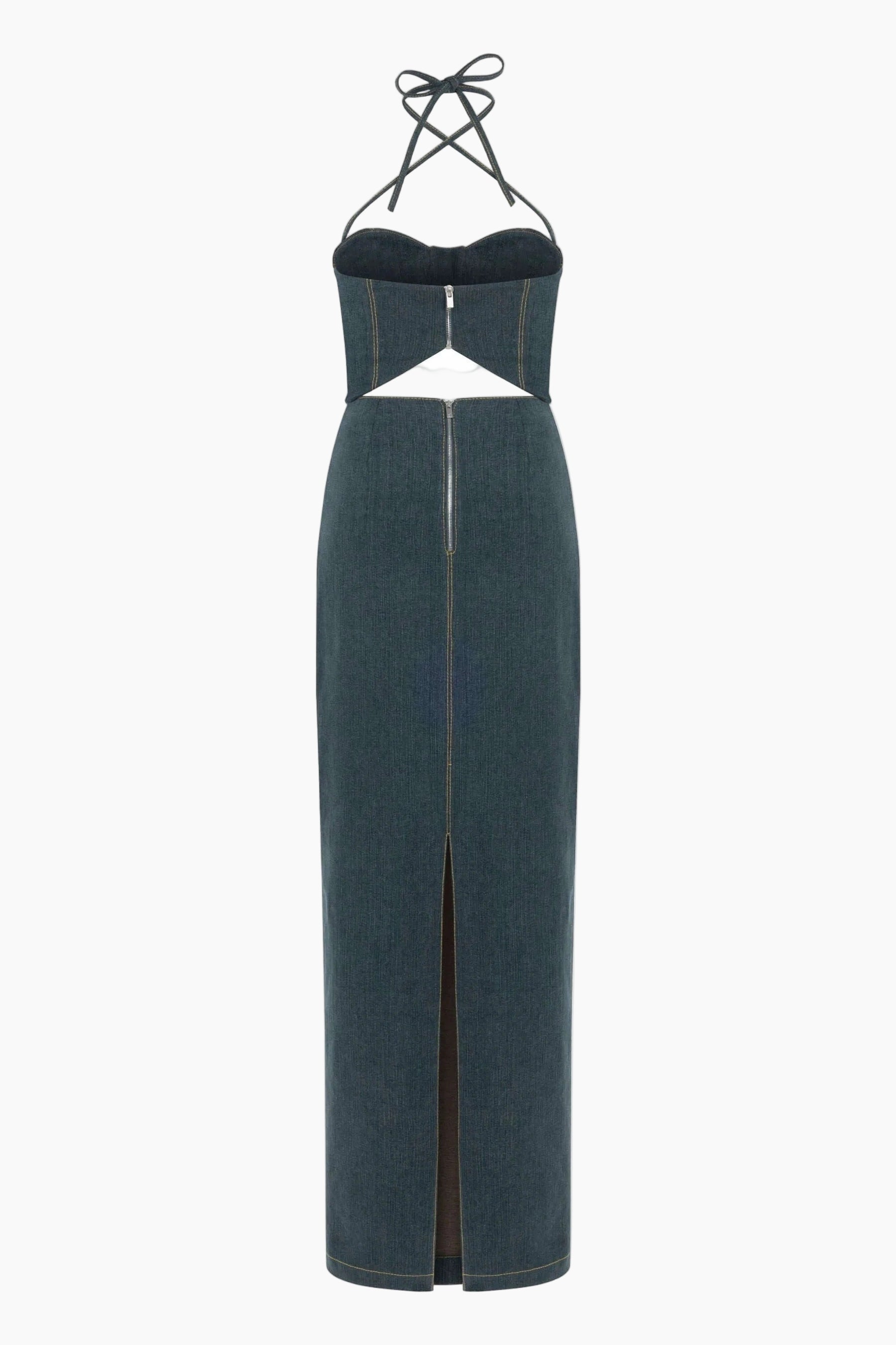 Navy strapless gown with cut-out design and high slit