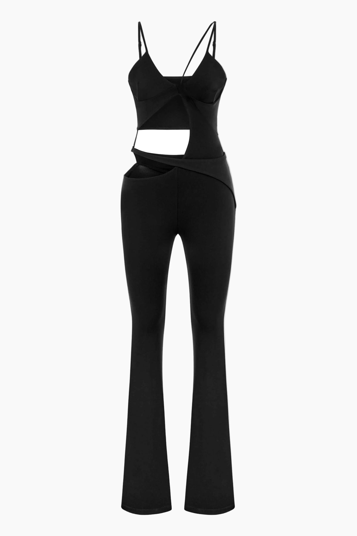black jumpsuit Featuring asymmetric cut out details and chic straps.