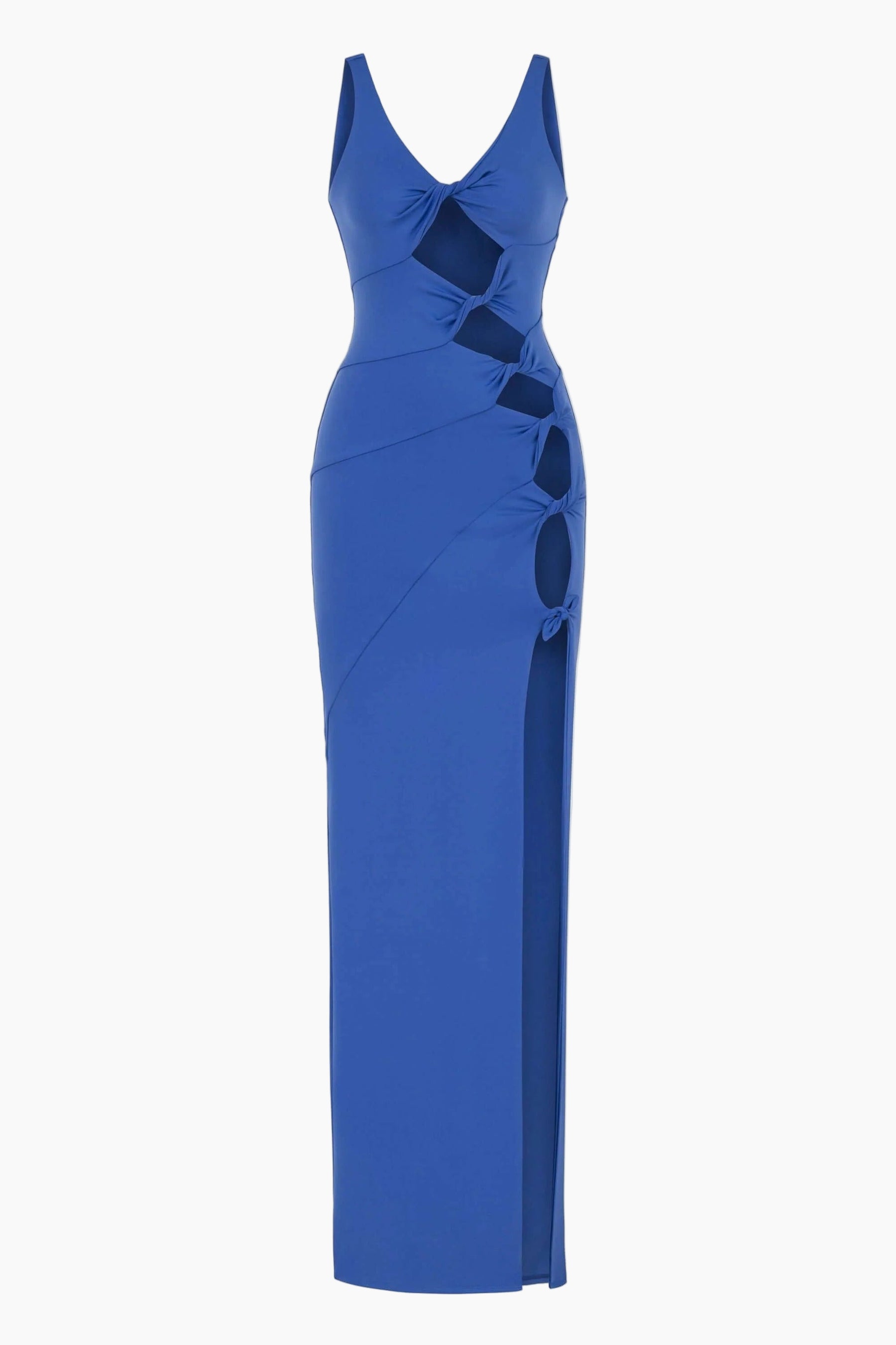 Blue evening gown with cut-out design
