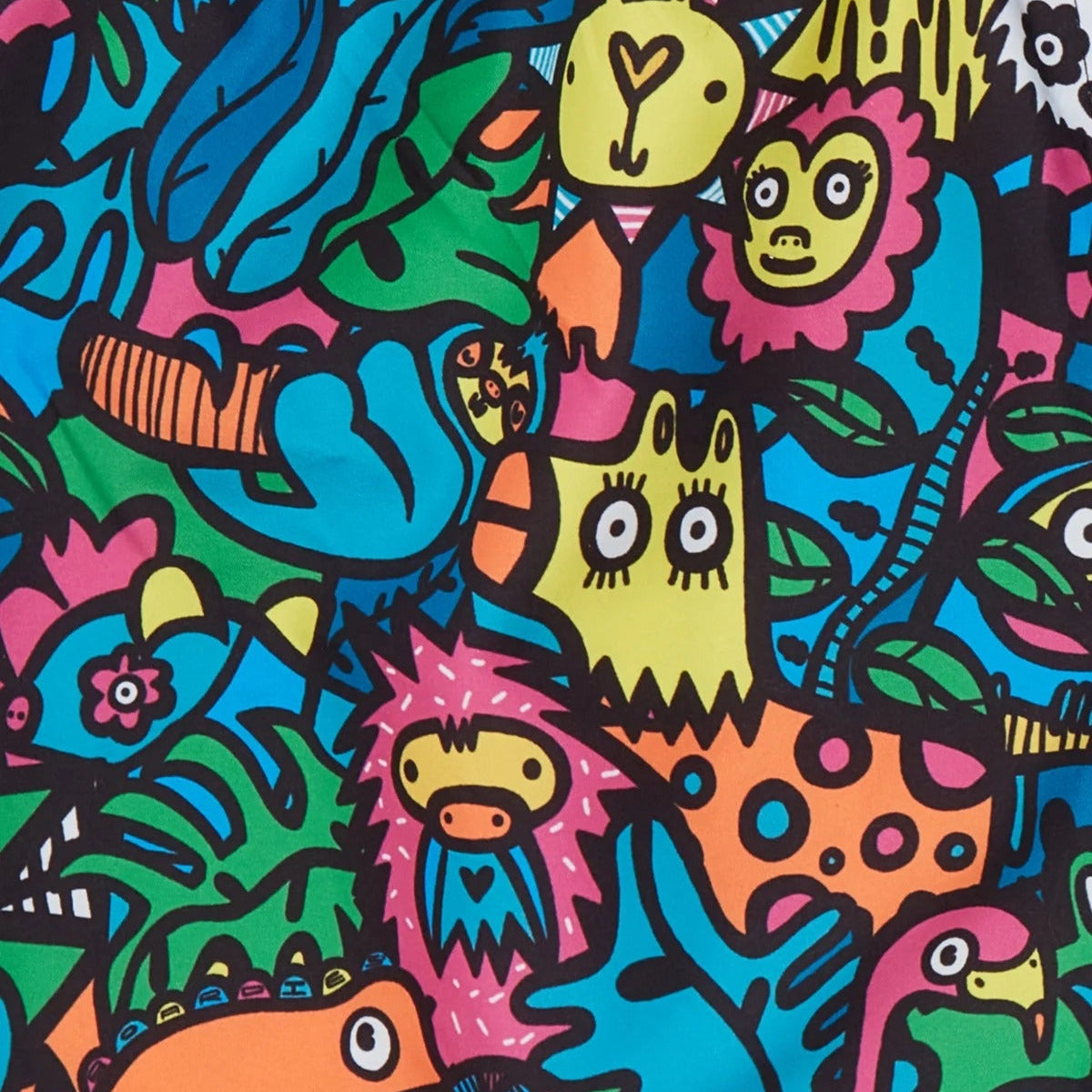 Colorful abstract pattern with various shapes and characters