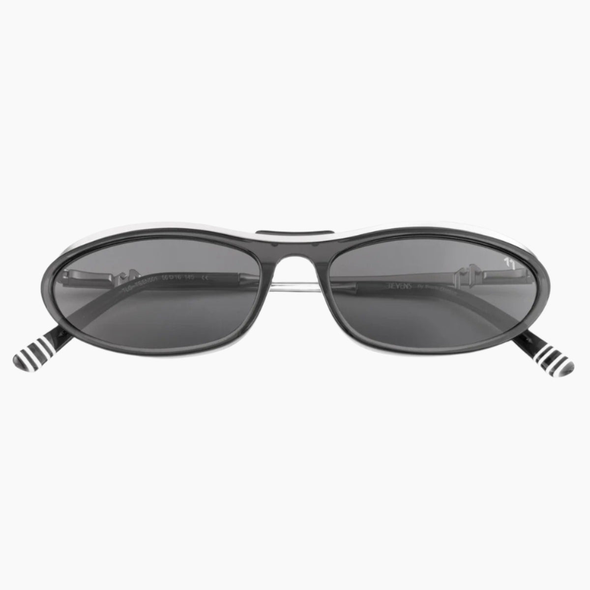 Black sunglasses with striped arms on a white background