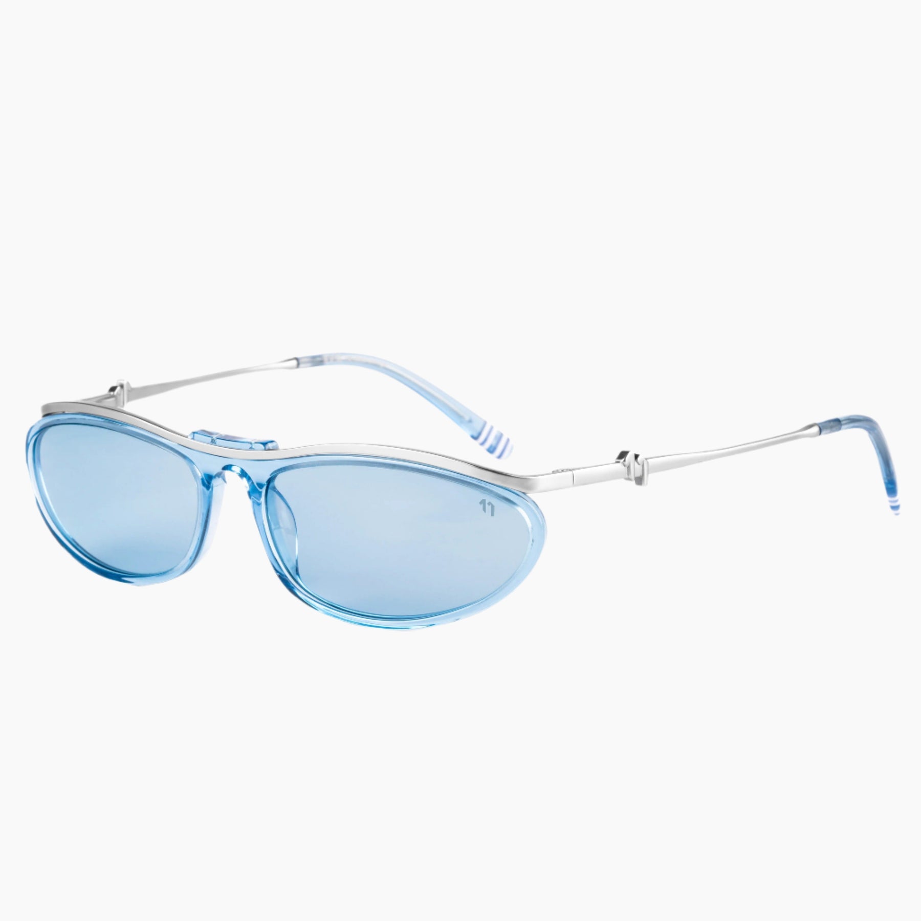 Blue sunglasses with a thin metal frame on a white background