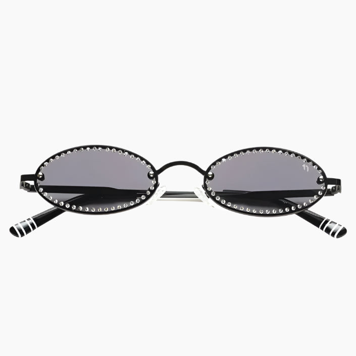 Sunglasses with black frame and reflective lenses on a white background