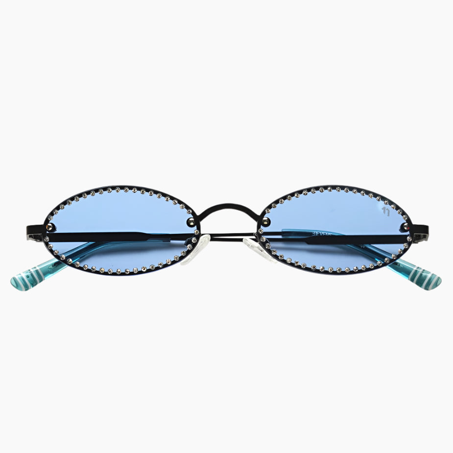 Sunglasses with blue lenses and black frame on a white background