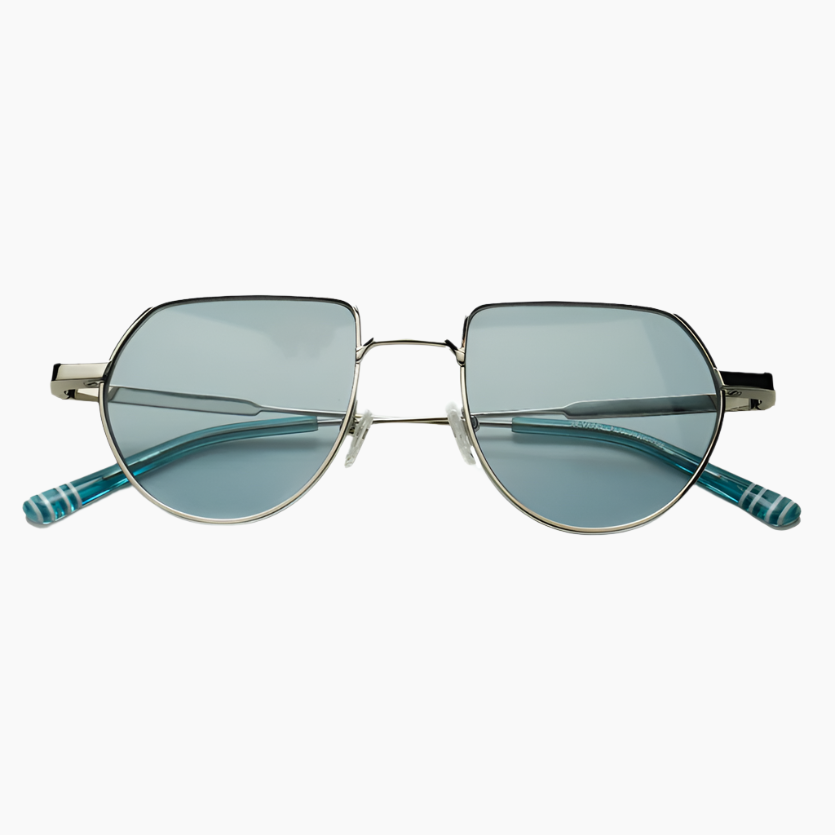 Sunglasses with blue lenses and gold frame
