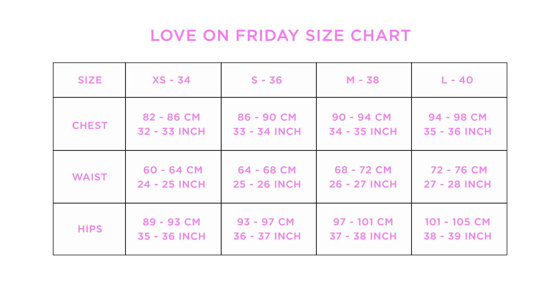 Size chart for clothing with measurements in centimeters and inches, branded 'Love on Friday'.