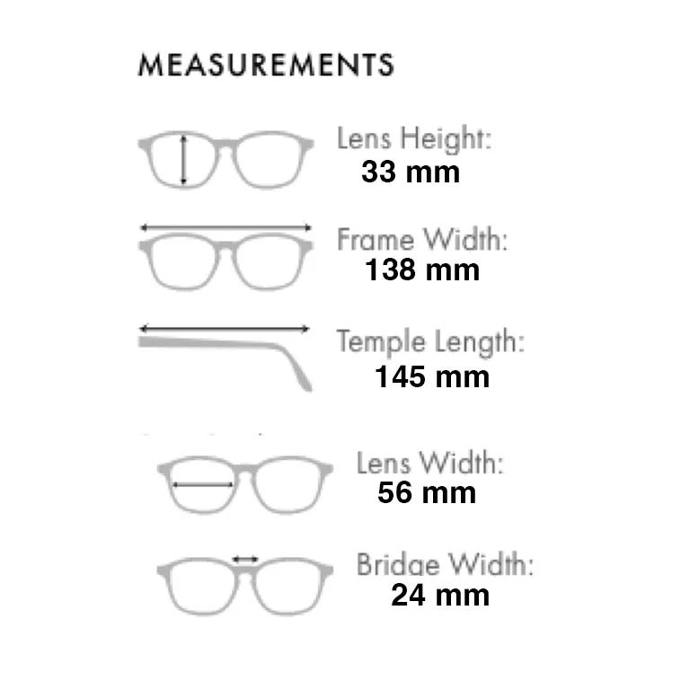 Measurement chart for eyeglass frames with labeled dimensions.