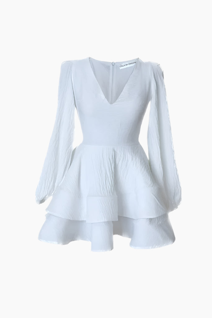 white v-neck dress with long sleeves, soft linen fabric, invisible zipper fastening at the back.