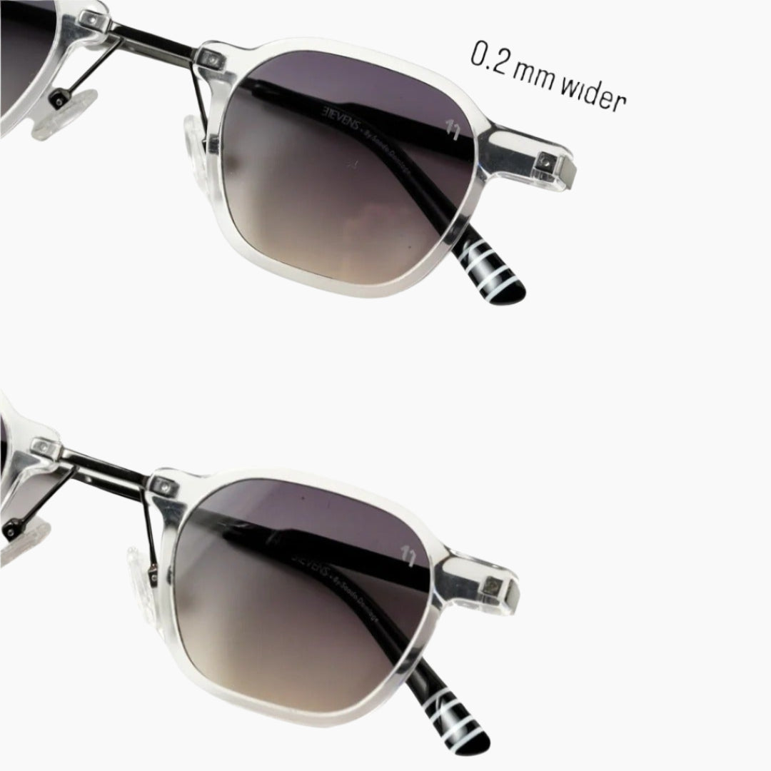 Sunglasses with a close-up detail on the frame width measurement.