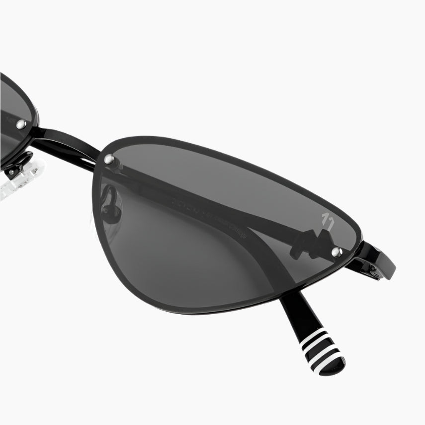 Black sunglasses with a unique handle design on a white background