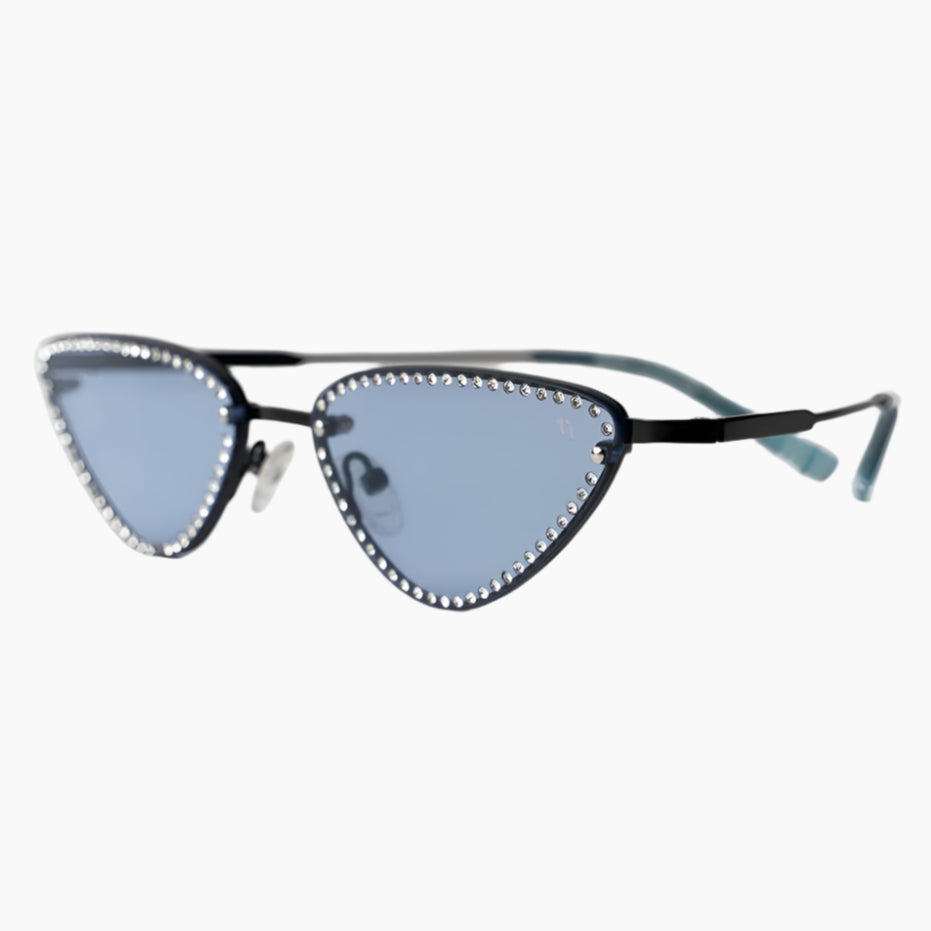 Cat-eye sunglasses with black frame and blue lenses on a white background