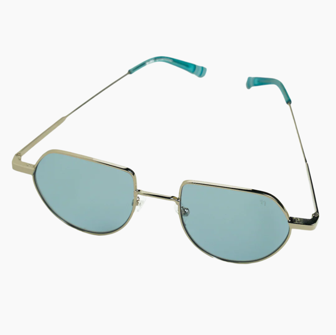 Sunglasses with blue lenses and gold frame