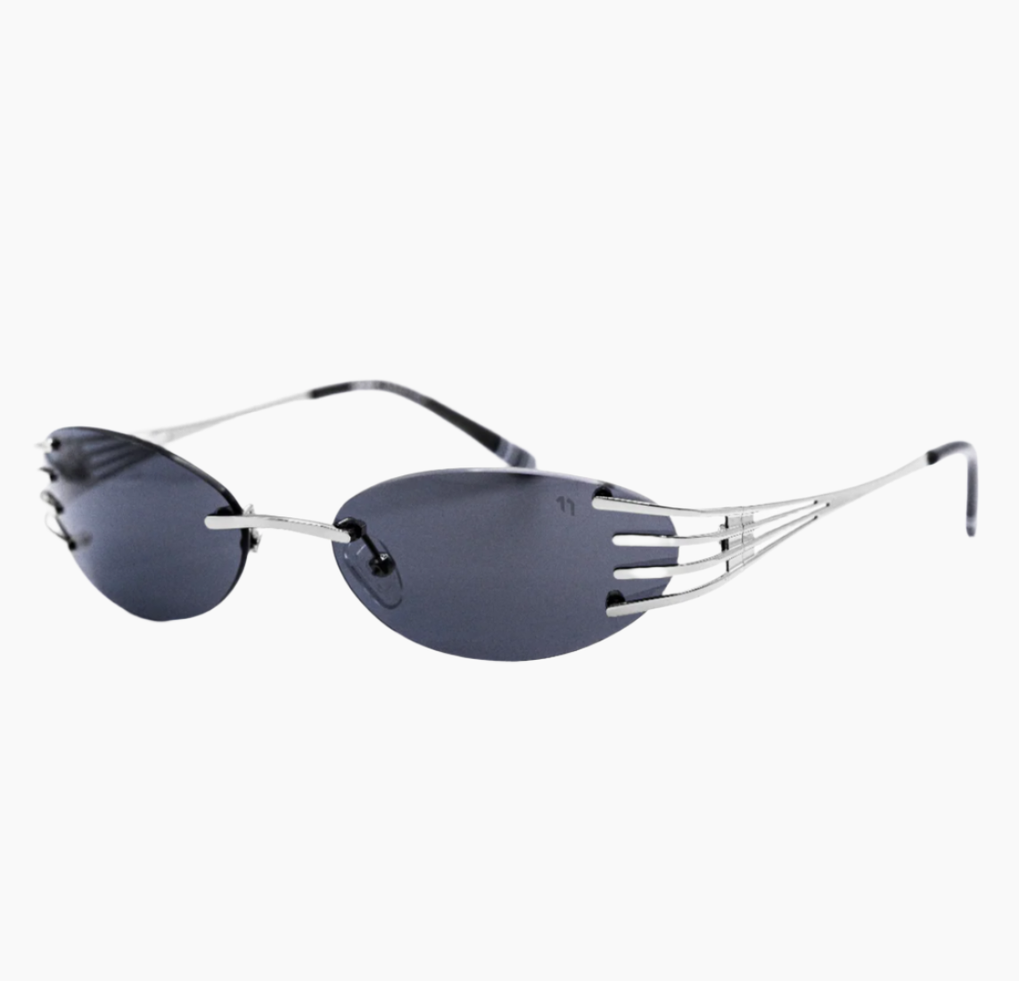 Sunglasses with black lenses and thin metal frame