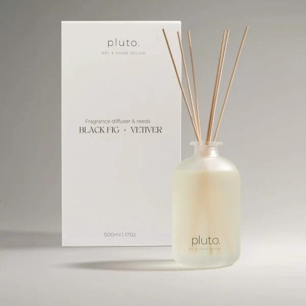 Fragrance diffuser with reeds and packaging labeled 'pluto' on a gray background