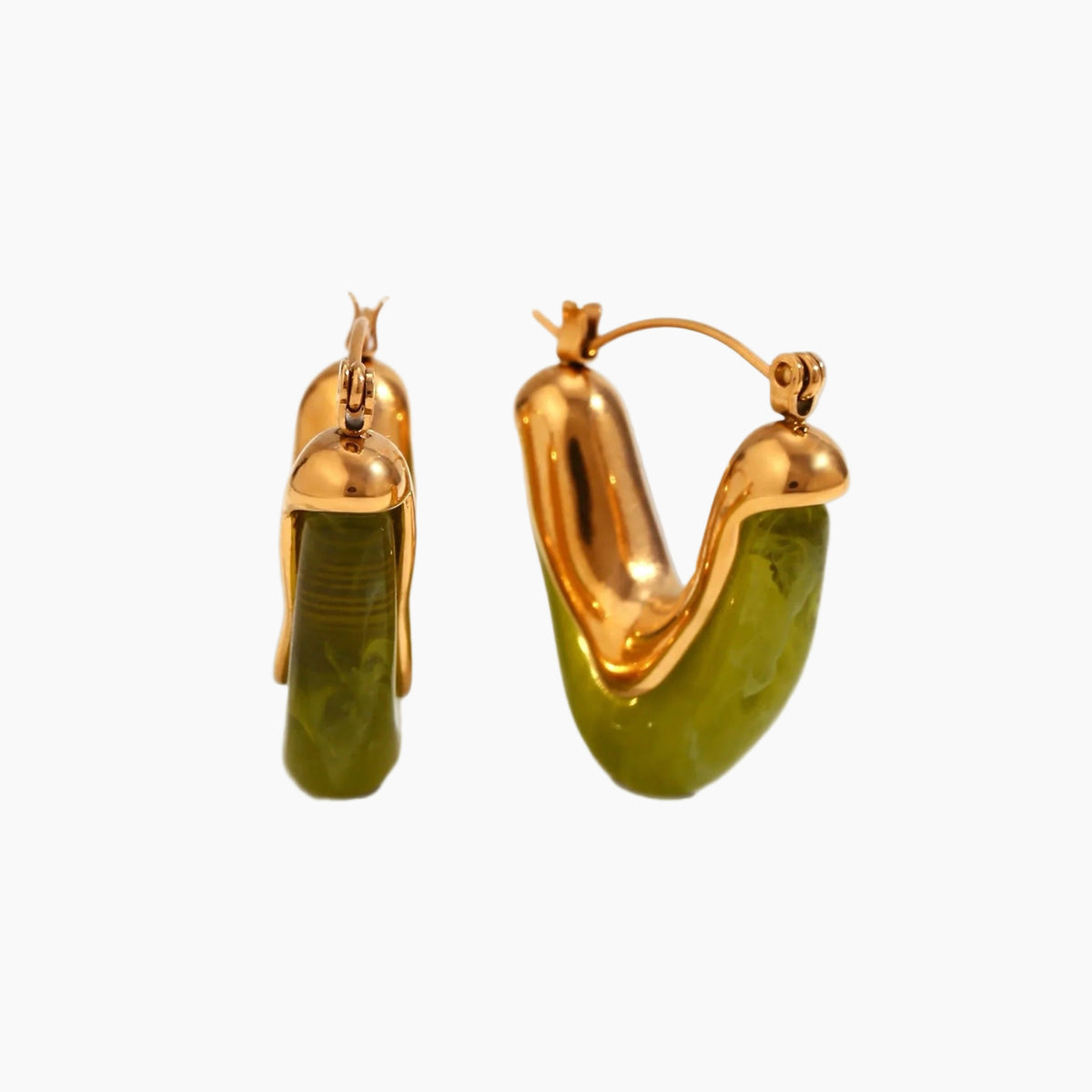 Gold hoop earrings with green stone accents on a white background