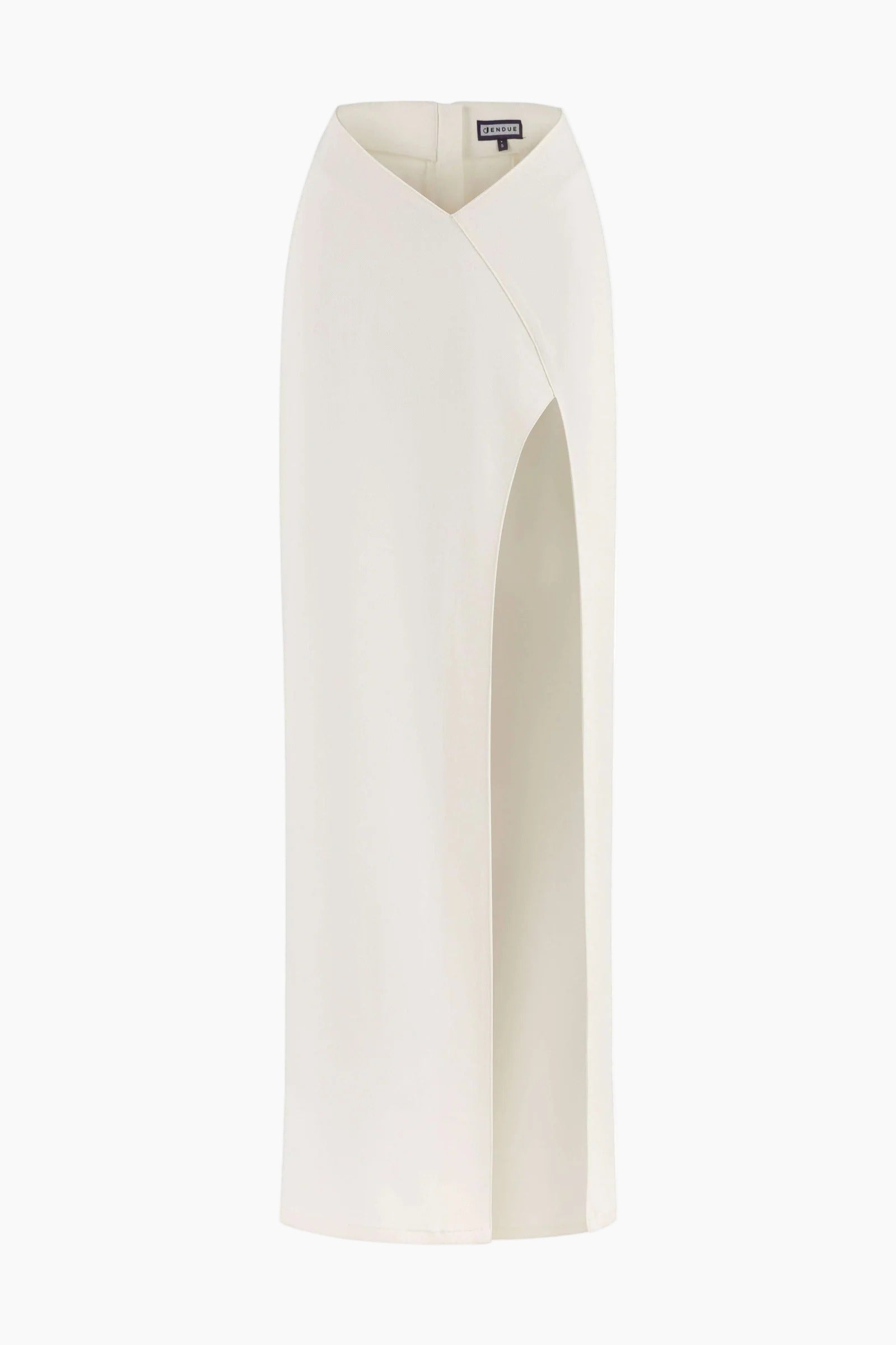 maxi skirt features an asymmetric waist and a stylish side slit.