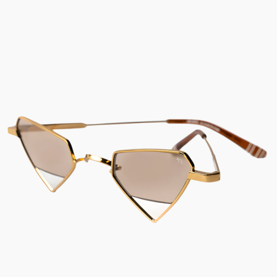 Gold-framed sunglasses with brown lenses on a white background