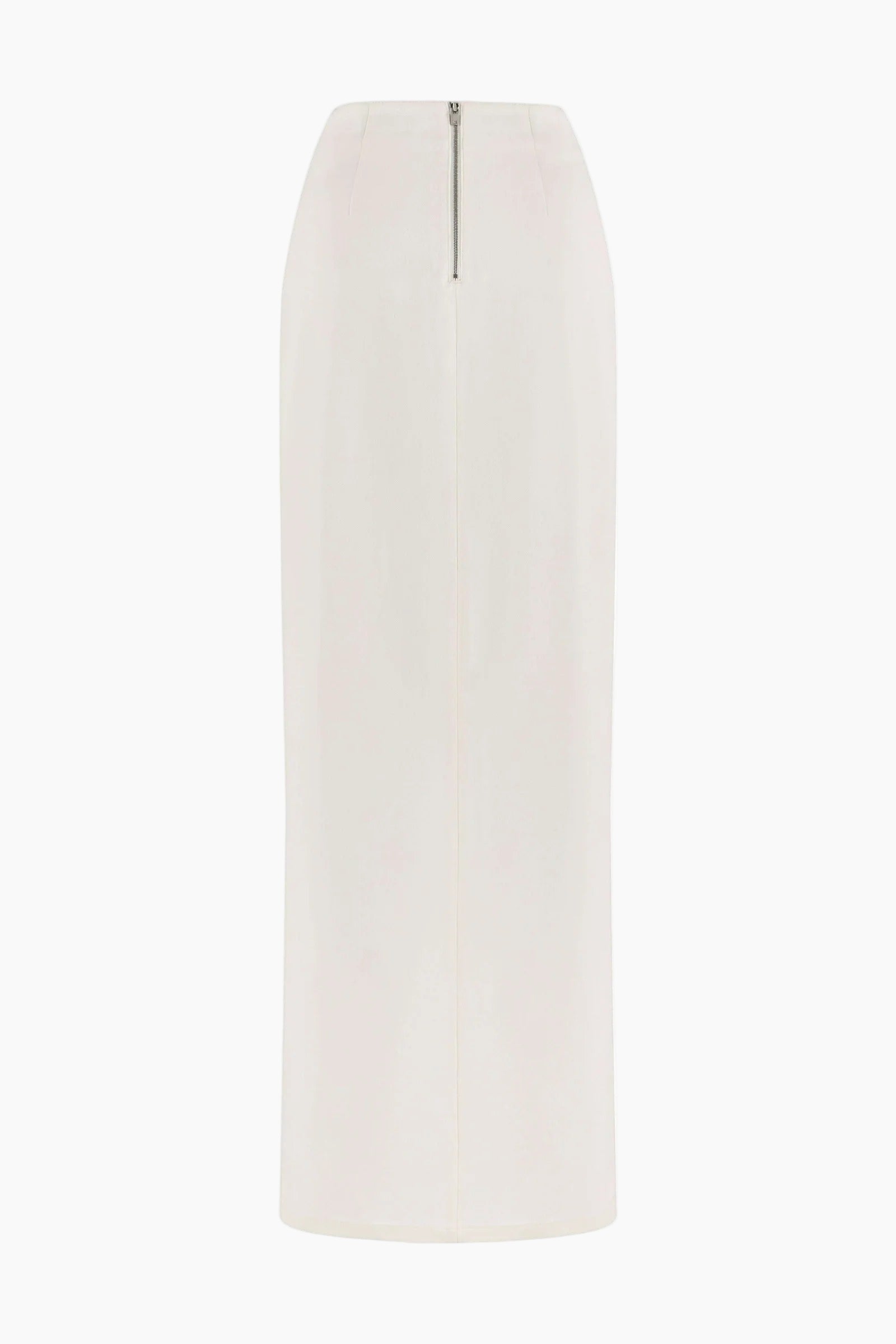 maxi skirt features an asymmetric waist and a stylish side slit.