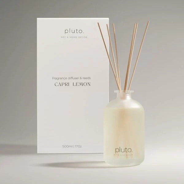 Fragrance diffuser with reeds and packaging labeled 'pluto' on a gray background