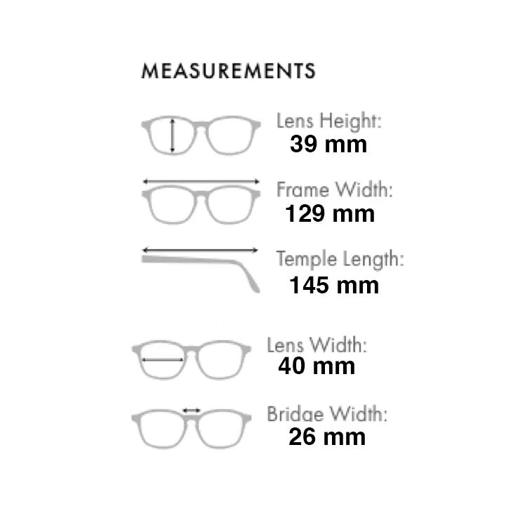 Glasses measurements chart with lens height, frame width, temple length, lens width, and bridge width listed.